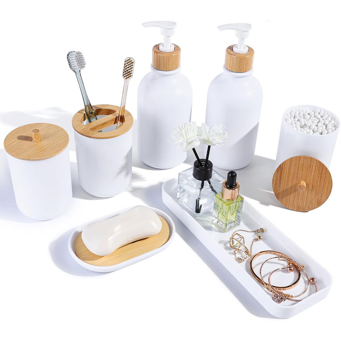 Набір аксесуарів для ванної кімнати, 7 предметів, бамбук, білий дозатор для мила та тримач для зубних щіток, контейнер для ватних паличок, сеанс макіяжу, мильниця, сучасна декор для ванної кімнати, білий/розкішний сад