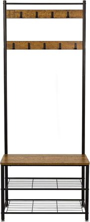 Mondeer Coat Rack, Shoe Rack with Coat Rack, 3 Shelves and 9 Detachable Hooks, Industrial Design, Metal and Wood Construction, 70 x 32 x 175 cm, for Entryway, Brown