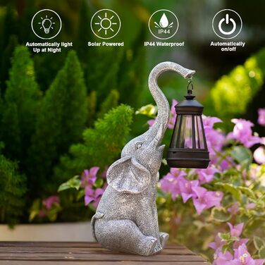 Yeomoo Elephant Decoration with Solar Lantern Garden Figures - for Outdoor Garden Decor with Weatherproof LED Solar Lamp for Balcony Garden, Gifts for Women Men Mom Birthday Gift Grey