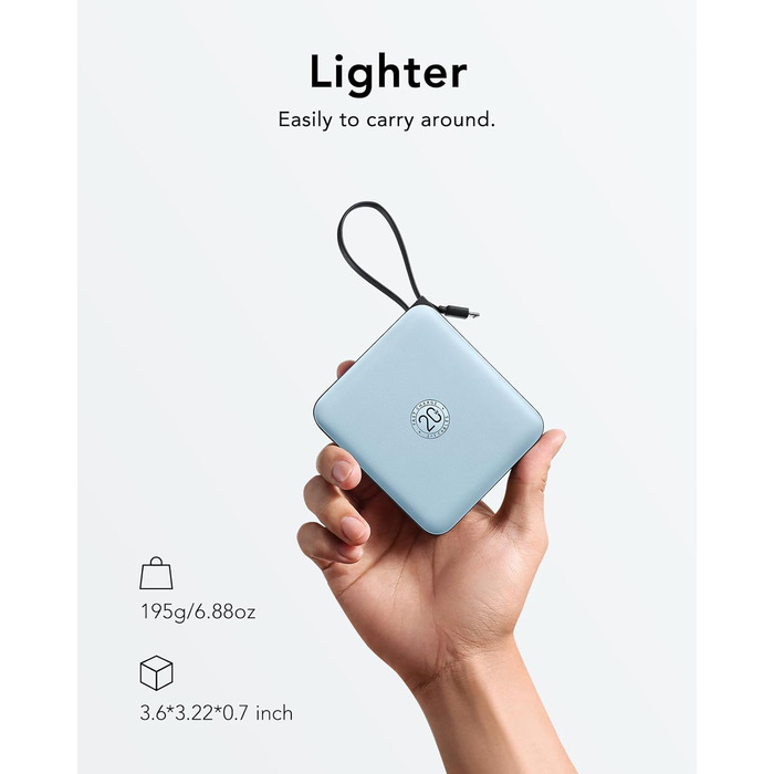 Power Bank VRURC 10000mAh з кабелем: компактний акумулятор USB-C, швидка зарядка 22.5W, LED-індикатор, сумісний з iPhone, Huawei