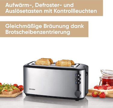 SEVERIN Automatic Long-Slot Toaster, Toaster with Roll Holder, high-quality stainless steel toaster with large toasting chambers and 1400 W power, brushed stainless steel/black, AT 2509