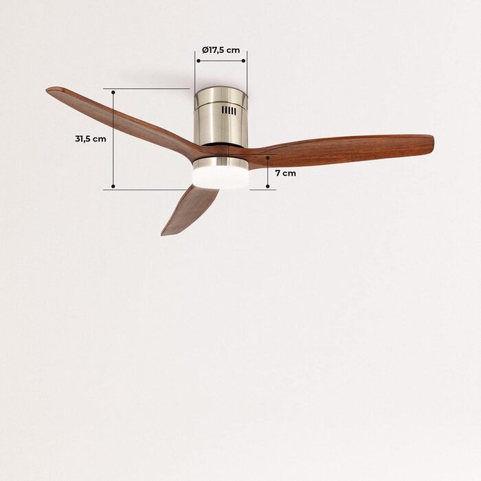 Вентилятор стельовий WINDCALM M/ з підсвічуванням, Нікель, колір дерева, Ø132см, 40W, DC-двигун, таймер, пульт, літньо-зимовий режим