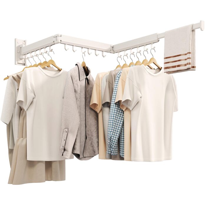 Настінна сушилка для білизни розкладна та складна, з алюмінію, 100 кг, білі гачки