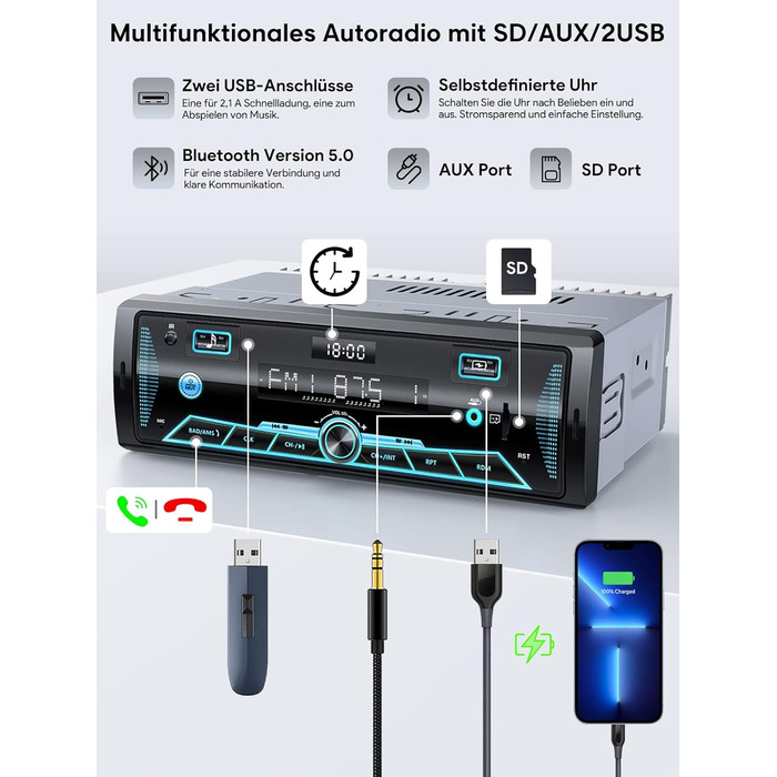 Автомобільна магнітола RDS Bluetooth 9-24В, FM/AM, MP3, USB, SD, AUX, з пультом, 7 кольорів підсвічування, гучний зв'язок