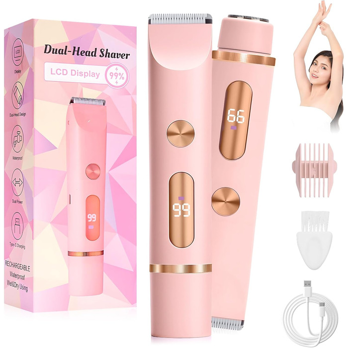 Триммер для бікіні RoserRose 2-в-1: електробритва та триммер для жінок, водонепроникний (IPX7), LCD-дисплей, Type-C зарядка, набір для догляду за шкірою бікіні