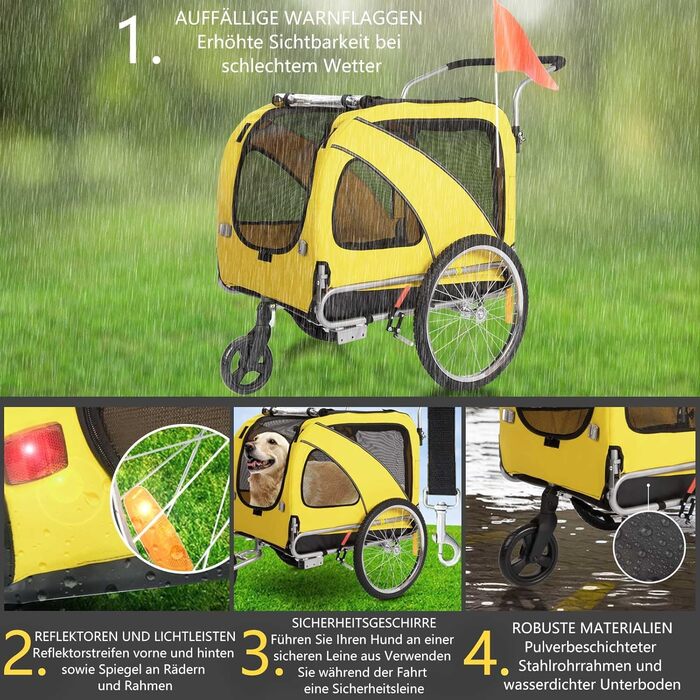 Трансформер для собак XL: велосипедний/біговий, 2-в-1, з гальмом та світловідбивачами, 600D Oxford, до 40 кг, жовтий