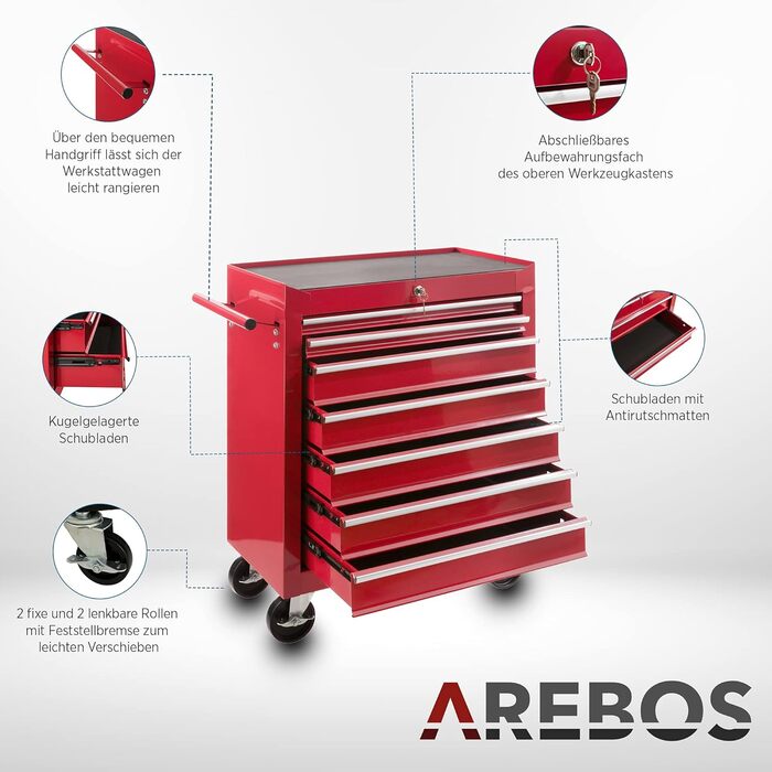 Arebos 7-Drawer Tool Cart | Central Locking Tool Wagon with 2 Keys & Anti-Slip Mats | Ball Bearing Drawers | 2 Wheels with Brake | (Red)