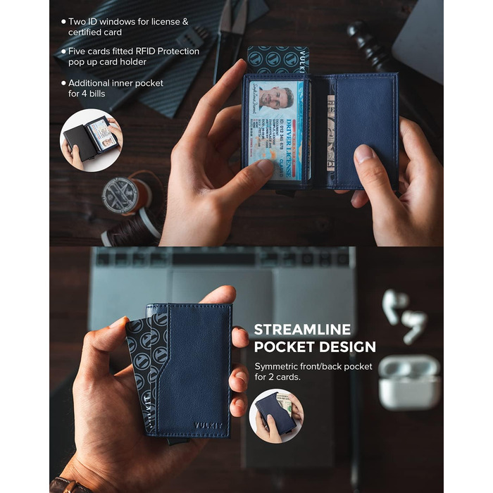 Кредитне портмоне VULKIT з двома вікнами для ID, RFID-захистом, автоматичний підйом, з натуральної шкіри, для карток та грошей (Морський колір)