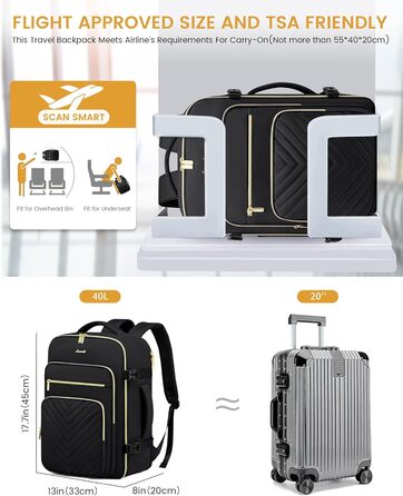 LOVEVOOK Рюкзак для ручної поклажі, 40L, водонепроникний, для ноутбука 17 дюймів, чорний, для подорожей та бізнесу