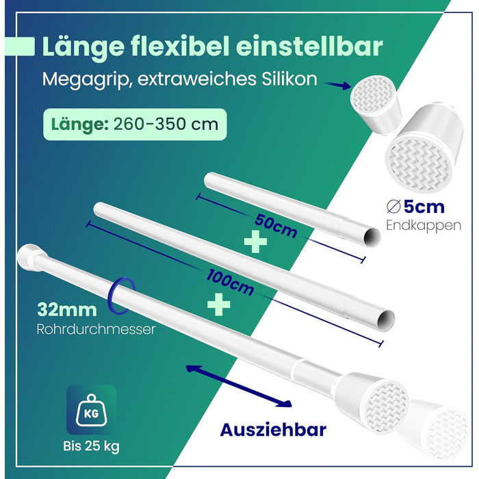Штанга для штор без свердління, телескопічна, 260-350 см, біла. Підходить для штор, душової кабіни, одягу, сіток для котів.