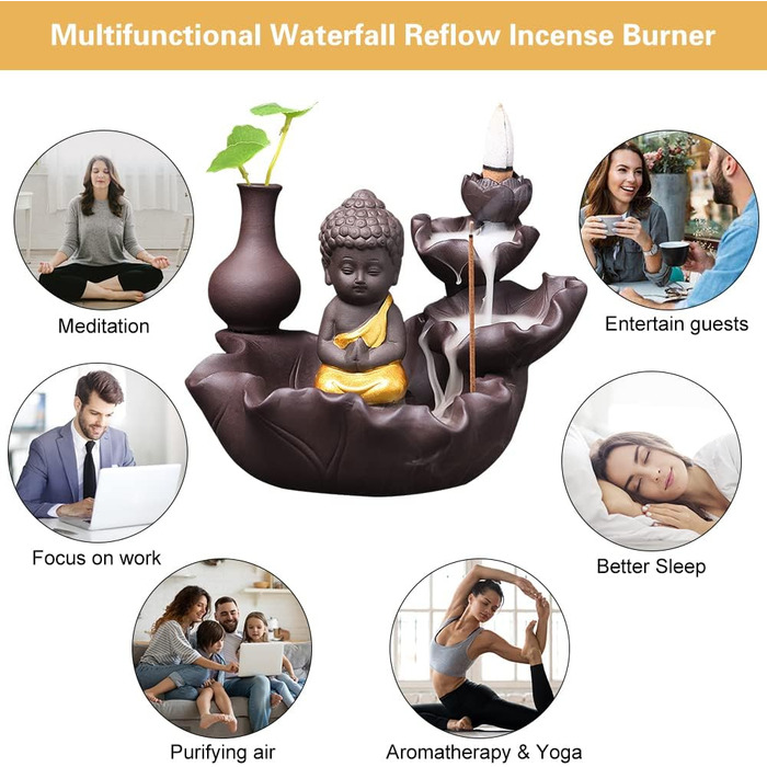 Golden Buddha Waterfall Backflow Incense Burner, Water Fountain Incense Holder, Golden Buddha Censer, Ceramic Incense Burner for Family, Office, Bedroom Decoration