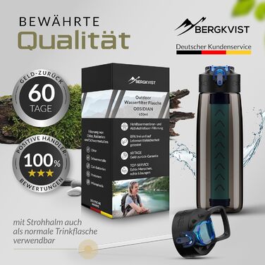 BERGKVIST® Outdoor Water Filter Bottle OBSIDIAN (650ml) with Compass - Filter Water Bottle for Clean Drinking Water - Water Purification for Camping, Prepper & Survival Gear (Black)