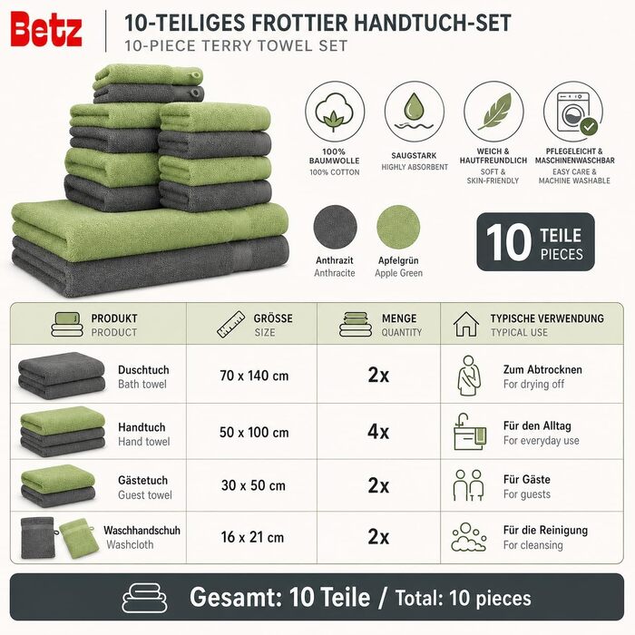 Набір рушників Betz Premium 10 предметів, 100% бавовна, махровий, антрацит та яблучно-зелений (2 банні, 4 ручні, 2 гістьові рушники, 2 рукавички)