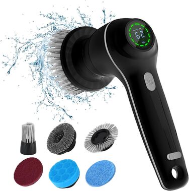 CkeyiN Electric Cleaning Brush, Cordless Grout Cleaner with 7 Replaceable Brush Heads for Bathroom, Car, and Kitchen, Handheld Power Spin Scrubber Grout Brush With LED Display, 2 Modes, Black