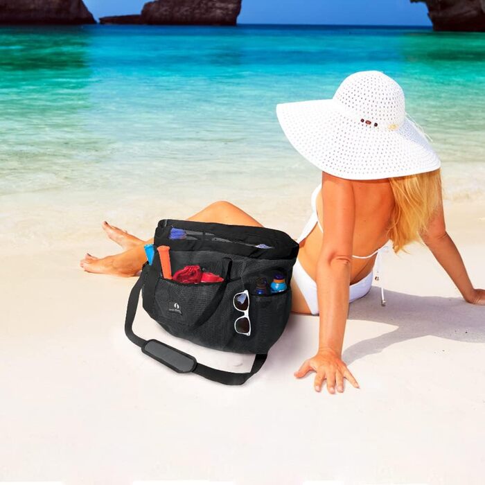 Red Suricata Large Mesh Beach Bag - Beach Bags and Shopping Bags (Black / Black)