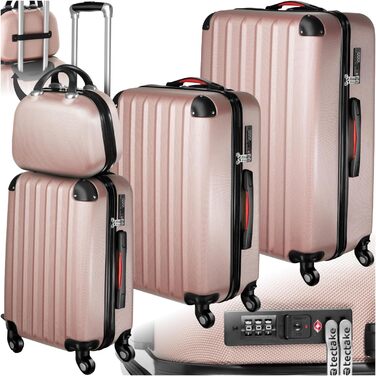 Набір валіз Tectake 4 шт. з відстібними колесами 360°, валізи з жорсткою оболонкою та TSA замком, велика валіза з роздільником, ручна валіза, телескопічна ручка - шампань (рожеве золото)