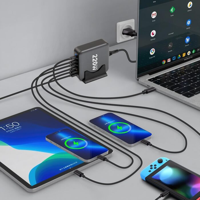 Зарядний пристрій USB C 220W, 6 портів GaN III, швидка зарядка PD + QC для iPhone, Samsung, iPad, MacBook Pro, Dell – Чорний + Кабель USB C 100W 1.5м