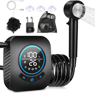 Camping Shower, [8000mAh] Portable Camping Shower with Pump and Temperature Gauge, Mobile Outdoor Shower Set with Showerhead and 2M Hose for Camping, Garden, Car Washing, Beach, Travel, Pet
