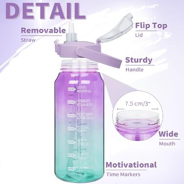 2L Tritan Water Bottle with Straw & Time Marker 2 liter BPA-free Motivational Water Bottle with Clock Large Sports Bottle for Gym, Fitness, Hiking (Transparent Purple / Green)