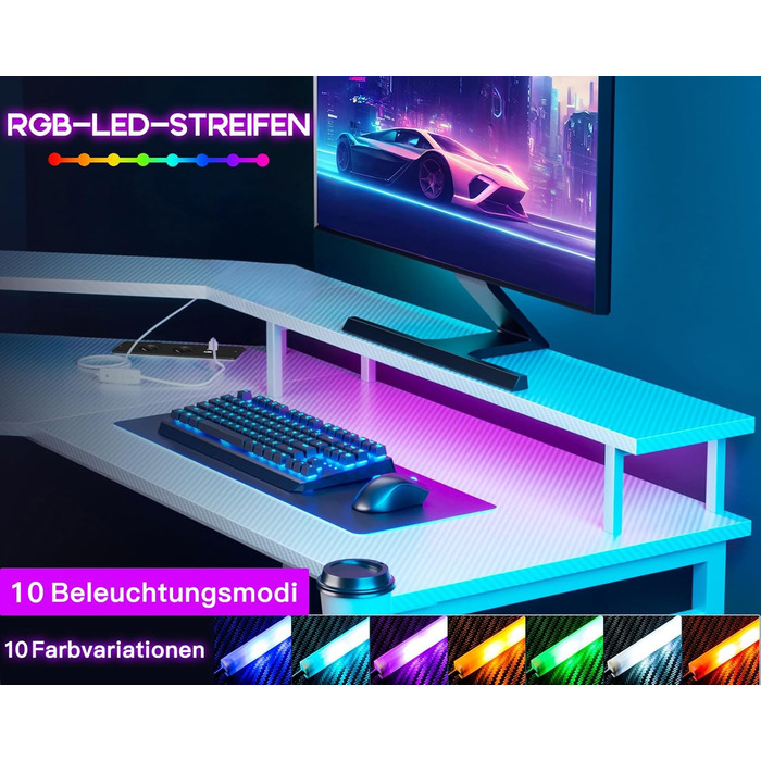 ODK Gaming Table with LED, Gaming Desk with 2 Outlets and 2 USB Charging Ports, PC Table Gaming with a Generous Monitor Stand, Gamer Desk in Carbon Fiber White, 129x129 cm