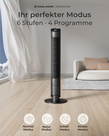 Турбовентилятор CF2401 з пультом керування та додатком: тихий підлоговий вентилятор з таймером та LED-підсвіткою, дитяча безпека, чорний, 102 см