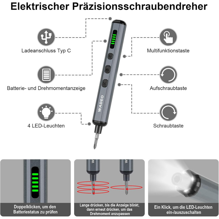 WADEO Міні набір викруток, 82 в 1, прецизійний, магнітний, з регулюванням крутного моменту, LED-підсвічування, для ремонту iPhone, телефонів, ноутбуків, окулярів, годинників