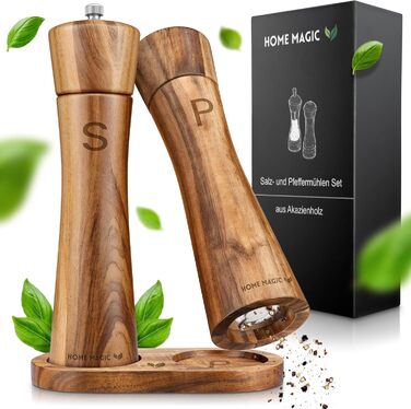 Набір з 2 мельниць для солі та перцю Pfeffermühle Holz з акації з підставкою | Преміум якість, керамічний механізм