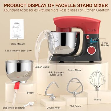 Кухонна машина-міксер Facelle 1500W з 5.5L та 4.5L чашами, 10+ програм, тиха робота, з набором насадок (червоно-сіра)