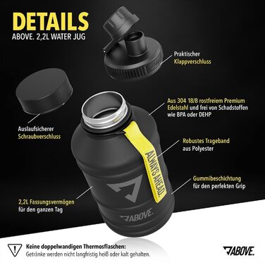 Фляга спортивна металева 2.2 л ABOVE Edelstahl - BPA-free, герметична, міцна - для фітнесу, спорту, туризму, подарункова коробка, чорна
