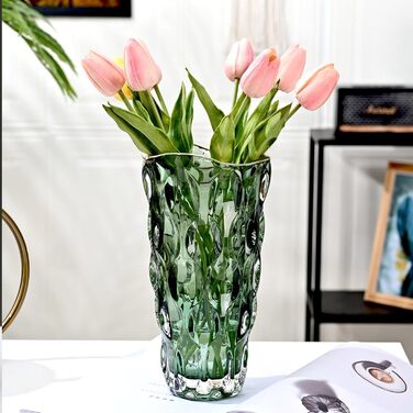 Скляна ваза Glas Blume, 24 см, сучасний мінімалістичний дизайн, ручної роботи, для квітів та декору, зелений колір