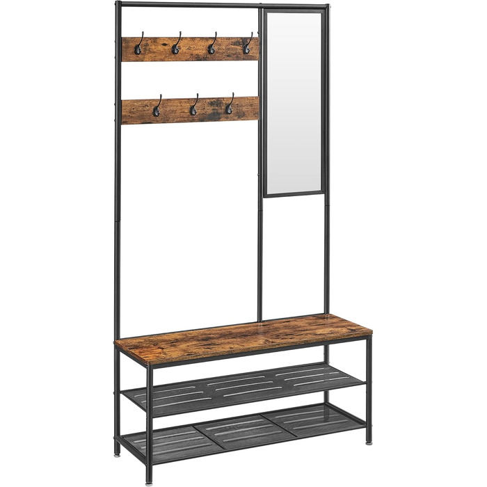 VASAGLE Clothes Rack, Coat Rack, Coat Stand with Hooks, Mirror, Bench, 35 x 98 x 180 cm, for Entryway, Bedroom, Living Room, Modern, Oak-White HSR415W09 (Rustic Brown + Black)