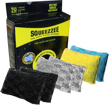 Squeezzee Soap-Filled Sponges – Scratch-Resistant Scrub Sponge with Built-in Dish Soap – Double-Sided Kitchen and Household Cleaning Sponges – Up to 300 Washes Per Sponge – 6 Pack