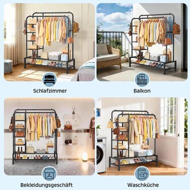 Вішалка для одягу в спальню та вітальню, подвійна, чорна - міцна конструкція 100 кг, з полицями для зберігання