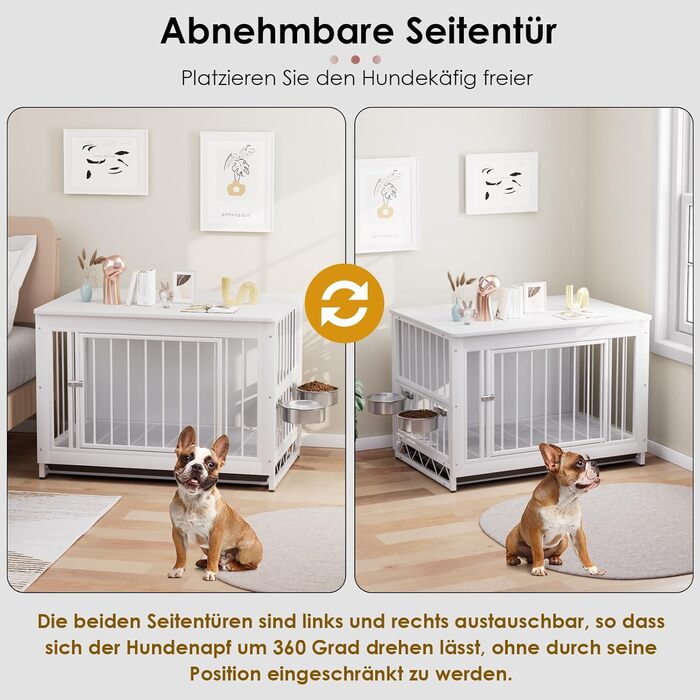 Клітка для собак для дому, дерев'яна собача будка 93x64x58 см, біла. Знімний піддон, 2 годівниці, двері. Для собак середніх та маленьких порід до 40 кг