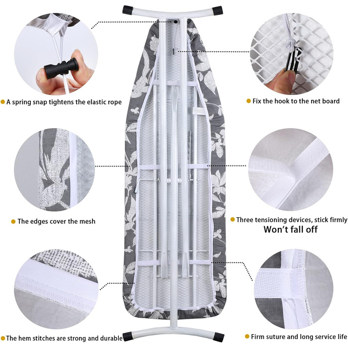 Чохол для гладильної дошки, 140 x 50 см, великий, з бавовняним покриттям, посилений, антибац. сірий квітковий, XXL