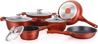 Набір каструль Royalty Ine® 14 предметів з антипригарним покриттям - каструлі та сковорідки для індукційної плити з кришкою (червоний/чорний)