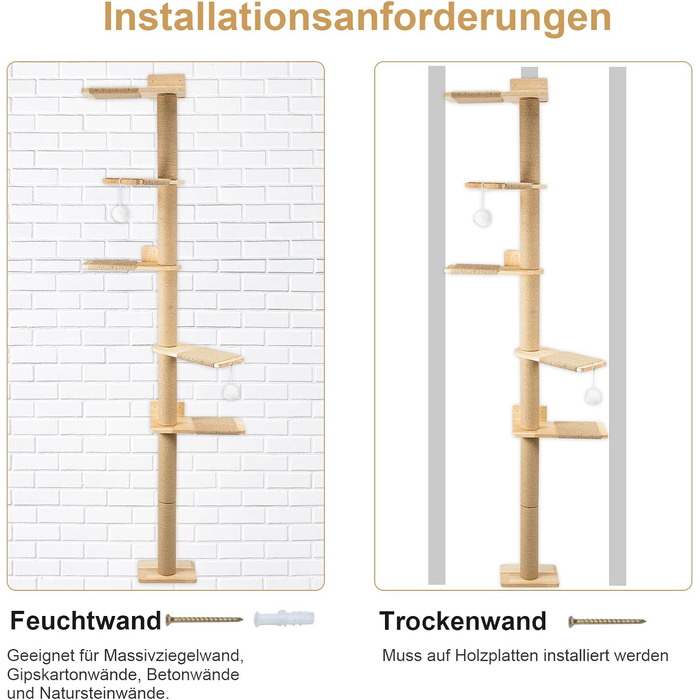 Кігтеточка-стійка для котів 206 см з натурального каучукового дерева, 5 ярусів, настінна, з широкою основою, плюшевими кульками, 360° обертання, XXL кігтеточка для котів для лазіння та дряпання