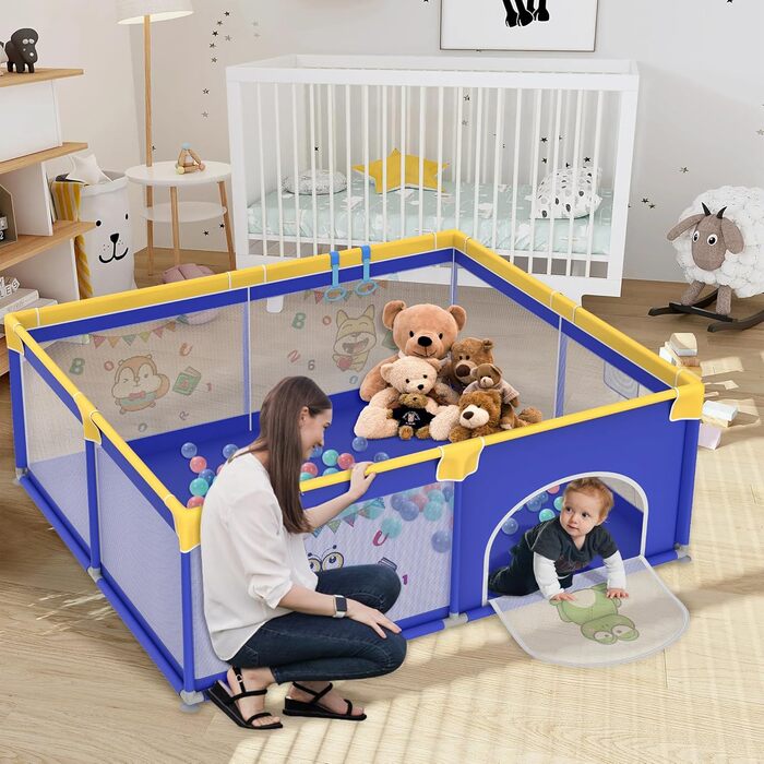 Дитячий манеж UISEBRT 150x180 см з 50 кульками, 4 кільцями, сумкою для перенесення, складаний, з дихаючою сіткою, синій з тваринами