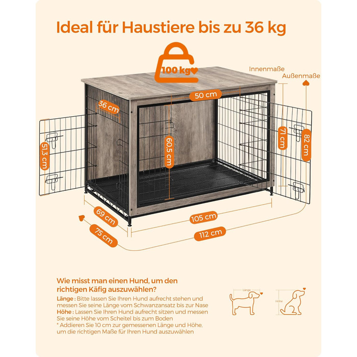 Клітка для собак Feandrea з приставним столиком, переноска, сучасна будка для собак до 36 кг, міцна, для дому, знімний піддон, 2 двері, PFC004X01 (112 x 75 x 82 см, Greige)