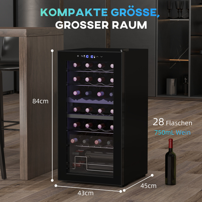 HOMCOM Витримальник для вина 2 зони, 28 пляшок, 74 л, 5-18℃, компресорний, з LED-підсвічуванням, дверцята з анти-UV склом, компактний винний шафка/холодильник для пляшок, з сенсорним дисплеєм, чорний | Aosom