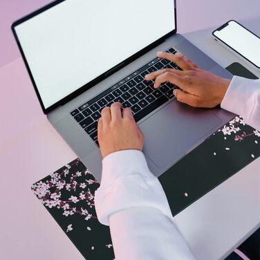 Мат для миші Sakura з квітами вишні, чорний XL, великий, 80 x 30 см, аксесуар для столу