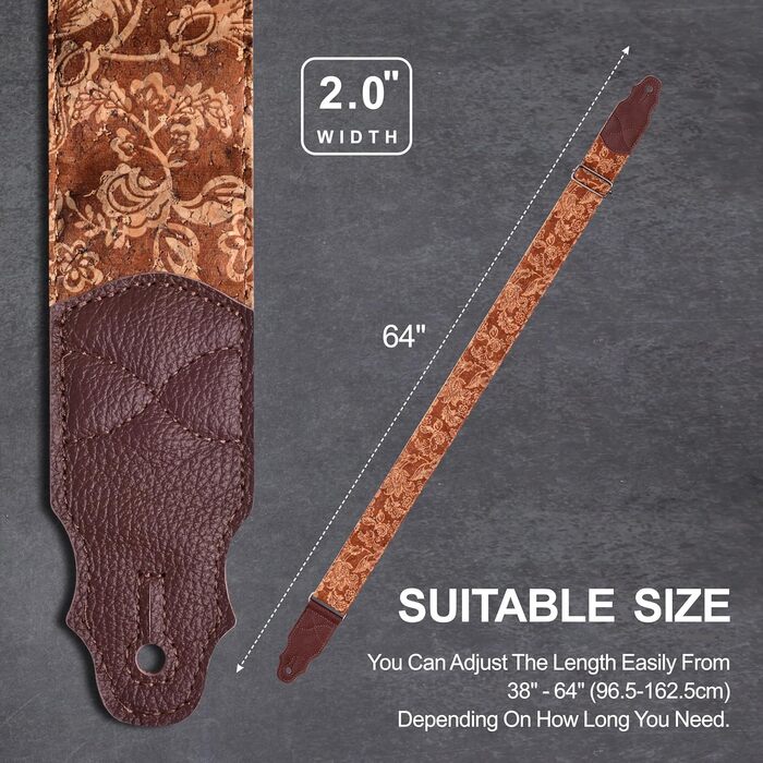 Гітарний ремінь з натуральної шкіри (2 дюйми) для акустичної, бас та електрогітари. Регулюється від 96 до 163 см. М'яка обробка деревини, коричнева квітка.