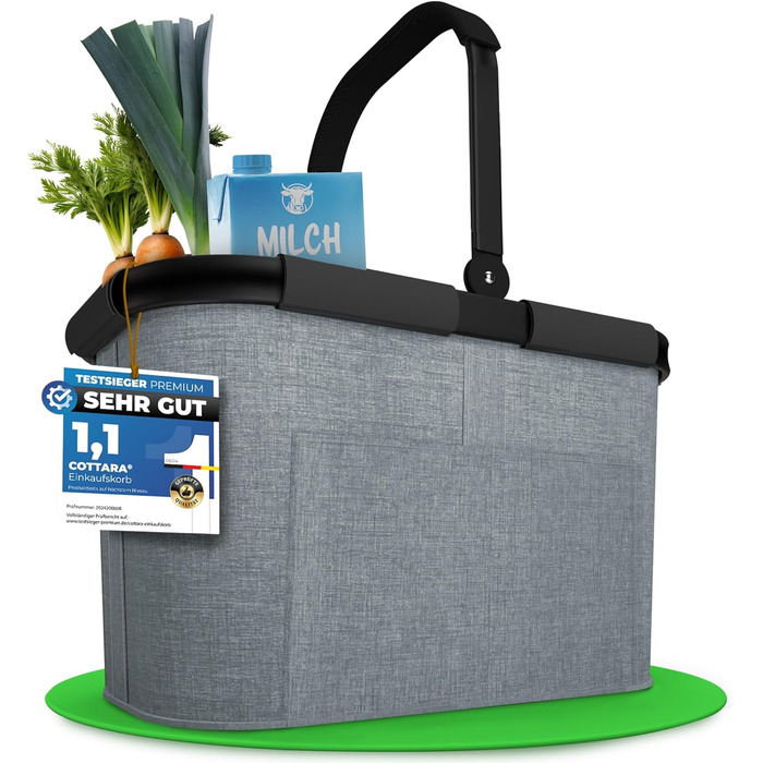 Великий стабільний кошик для покупок | Кошик-сумка з ручками та посиленим дном, передньою кишенею та внутрішньою кишенею на блискавці | Ідеально як сумка для покупок, кошик для пікніка або шопер (Сірий)