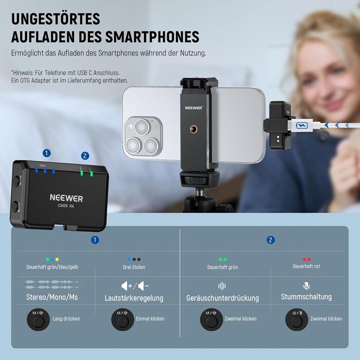 NEEWER CM29 Мініатюрний бездротовий мікрофон-петличка, 48kHz/24Bit з шумозаглушенням, 25 годин роботи, 150м радіус дії, сумісний з iPhone, iPad, Android, DJI, Insta360, ПК, Mac (1RX+2TX+зарядний кейс)