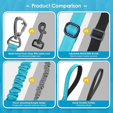 Тактична повідок для собак AUBELL, міцна, світловідбиваюча, без натягу, з амортизатором, для середніх та великих собак, з м'якою ручкою, страхувальний ремінь для авто, поворот на 360°, зелений (M-L, синій)