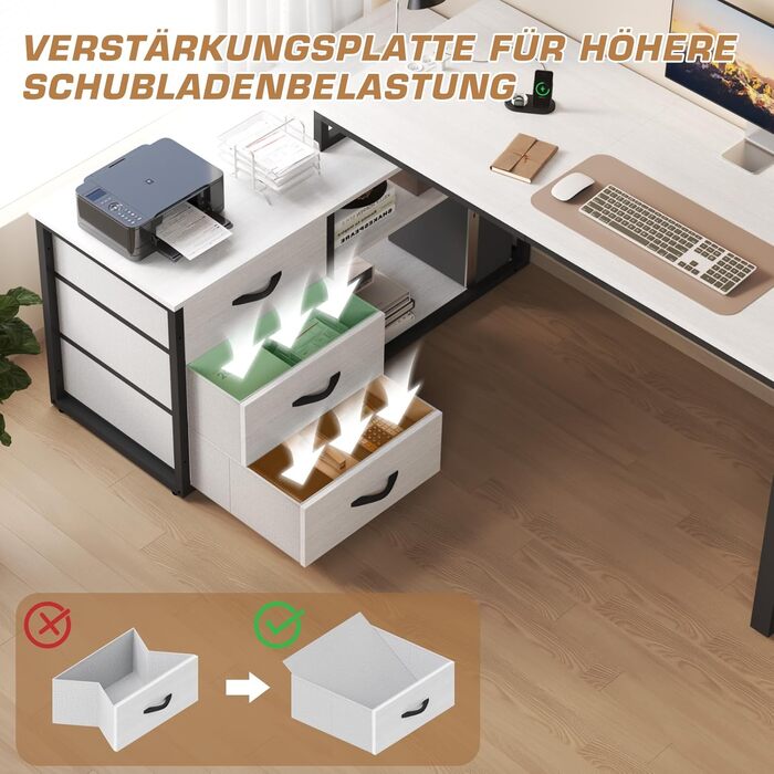 TRIUMPHKEY L-Shaped Desk with 3 Drawers & Storage - Reversible Corner Desk with USB Charging Ports & Outlets - White & Grey (140 x 105 x 75 cm)