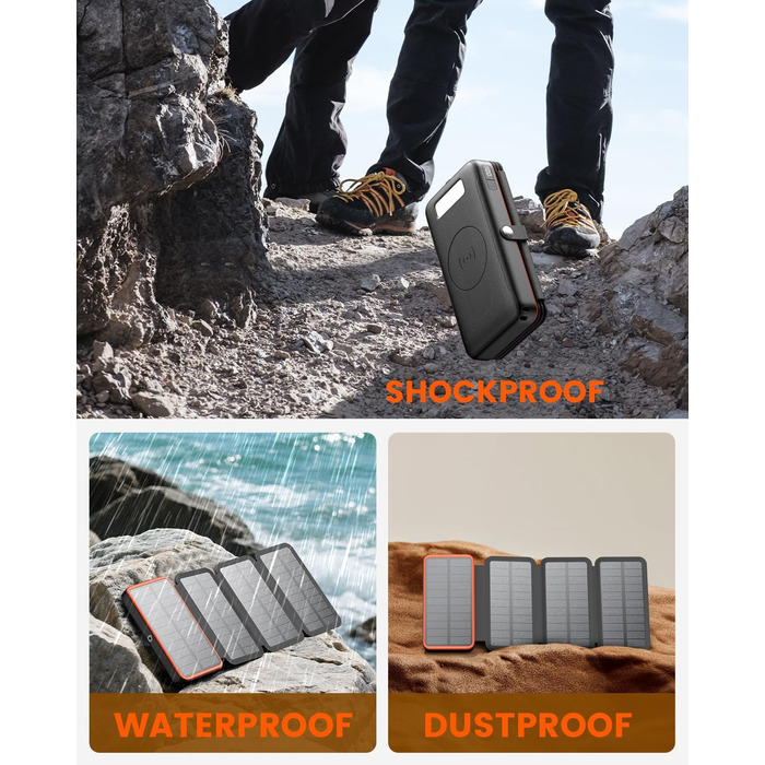 Power Bank FEELLE 27000mAh з сонячною панеллю та швидкою зарядкою 22.5W USB-C, PD 4.0, QC 3.0 для смартфонів та планшетів (Помаранчевий)