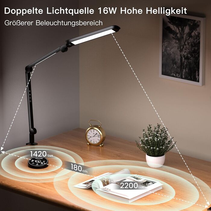 AmazLit Adjustable LED Desk Lamp with Dual Light Source - 12W/16W Dimmable Architect Lamp with Remote Control & Clamp