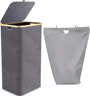 Laundry Basket with Lid 100L, Laundry Box with Bamboo Handles and Inner Pocket, Bamboo Laundry Collector, Large Capacity, Laundry Baskets, Foldable Laundry Baskets for Laundry Room, Bedroom, Bathroom (Gray)