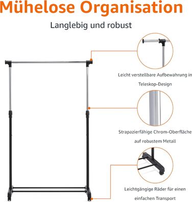 Amazon Basics Wardrobe with Two Shelves, White, ((91.5-145) x 42 x (134-161) cm (L x W x H), Chrome)